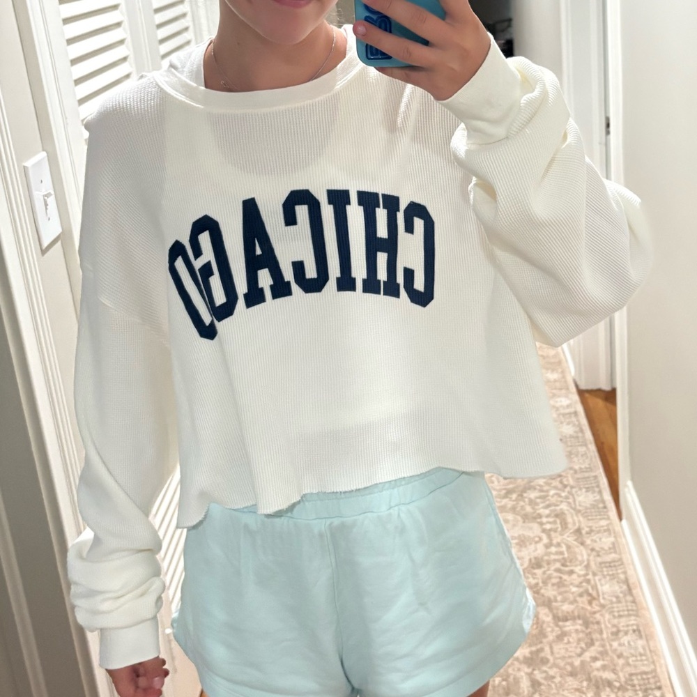 Brandy Melville John Halt white Chicago crewneck with navy blue writing